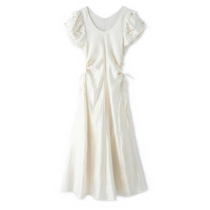 Elegant U-Neck Bell-Sleeve Beaded Lace Dress