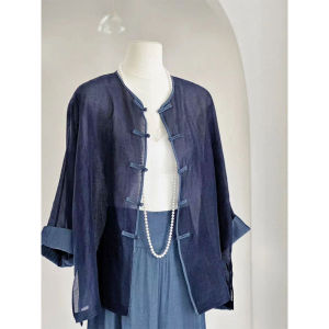 Blue Fashion Style Shirt Thin Stand Collar Button up New Chinese Zen Spirit National Trend Summer Thin Long Sleeve Shirt