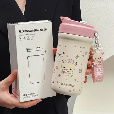 New Large Capacity Stainless Steel 316 Cute Bear Water Bottle with Straw Cartoon High Aesthetic Value Student Insulated Mug