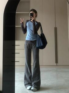 Extended Size High Waist Yoga Pants American Style Slim Fit Micro Flared Grey Floor-Length Casual Pants for Taller Women