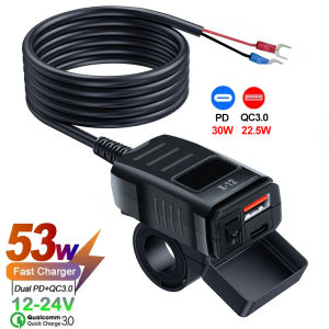 Motorcycle USB Charger PD QC3.0 Fast Charging 60W 12-24V with Switch Voltmeter Waterproof for Car Motorcycle ATV UTV Boat RV