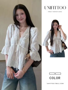 unifittoo | Elegant White Shirt V-Neck Waist-Tie Female Top