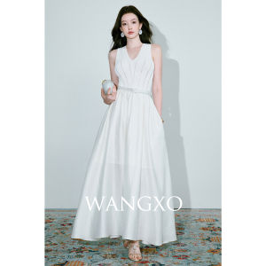 WANGXO | Đầm Voan Cổ V Không T Tay Dệt Thưa Có Dây Buộc Eo
