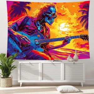 Tấm Thảm Treo Tường Hình Đàn Guitar VIKAMA Với Họa Tiết Cây Cọ Hoàng Hôn Neon Đầy Màu Sắc & Thiết Kế Hình Đầu Lâu Nhạc Rock Để Trang Trí Ký Túc Xá