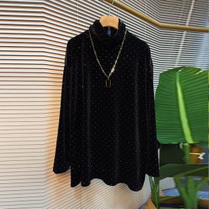 ชุดผู้หญิงไซส์ใหญ่เสื้อตัวในแขนยาวคอเต่าประดับเพชรเสื้อทรงหลวมลำลองเรียบง่ายใส่แล้วดูผอมสีดำสำหรับสาวอวบแมทช์ลุคง่าย