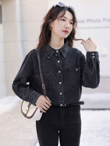 เสื้อเชิ้ตยีนส์สีดำแขนยาวสไตล์วินเทจสำหรับผู้หญิงในช่วงต้นฤดูใบไม้ผลิ เสื้อเชิ้ตผู้หญิงแบบบาง เสื้อเชิ้ตทรงตรง