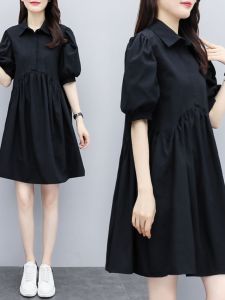 Summer 2024 plus Size Womens Dress Belly Covering A-Line Loose Slimming Lantern Sleeve Womens Korean Style Commute Short Sleeve Midi Skirt