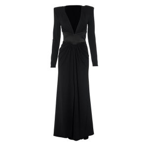 Elegant High Slit Long Dress V-neck Low-cut Splice Waist-cinching Design Fashionable Polyester Fiber Spring Autumn Winter