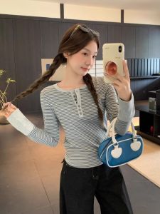 Fashionable Korean Style Striped Long Sleeve T-Shirt Womens round Neck Button up Slim Fit Henry Shirt Casual Wear for Autumn