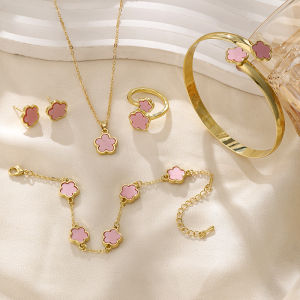 5Pcs/Set Lucky Flower Bracelet Five Leaf Grass Necklace Ring Earring Set For Women Charm Jewelry Accessories Gifts