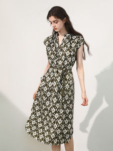 Miccbeirn | Retro Silk Cotton Sleeveless Dress V-neck High Waist Slimming A-line Midi Skirt Print Summer Fashion Elegant Gown