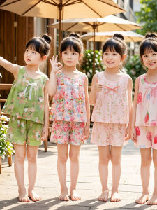 Girl Sleeveless Floral Dress Shorts Set Cotton