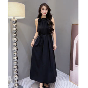 ชุดเดรสคอวีแขนกุดผ้าไหมน้ำแข็งสไตล์ฝรั่งเศสสำหรับผู้หญิงในช่วงฤดูร้อน ชุดเดรสยาวคลุมเข่าแขนกุดแบบลำลอง