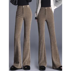 Womens High Waist Flared Pants Autumn Winter Thickened Fleece Corduroy Casual Trousers Slimming Effect Fashionable Long Pants