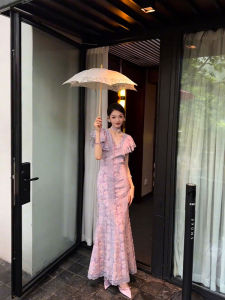 Elegant Beach Vacation Dress Autumn New Style Unique Personality High Waist A-Line Skirt Polyester Fiber Short Sleeve Long Dress