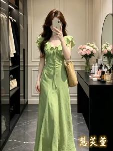 HUIFUXUAN | French Style Green V-Neck Short Sleeves Dress Small Fit