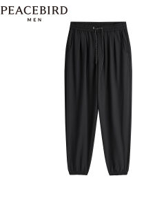 Peacebird Mens Sporty Drawstring Trousers Autumn Casual Pants Straight Leg mid Waist Elastic Fiber Non-Shrink Wide Leg Basic Color
