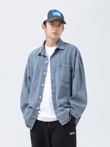 Retro American Denim Long Sleeve Shirt Mens Loose Washed Casual Collar Pocket Workwear Autumn Outerwear Youth Fashion