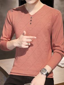 ROMON | Lormen Mens Knitted Long Sleeve V-Neck Pullover Fashion Urban Style Winter Thickened Inner Wear Heart Pattern T-Shirt