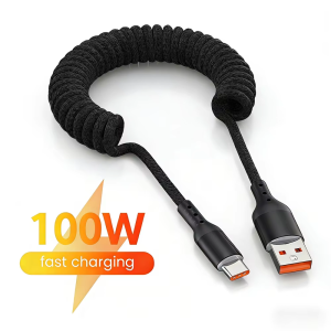 100W USB A to Type C Spring Car Fast Charging Cable For Samsung Huawei Xiaomi 60W Type C to Type C Data Cord For iPhone 15/16