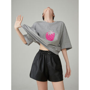 Gray Strawberries Embroidered round Neck Short Sleeve Womens T-shirt Loose Korean Design Sensation Color Block Versatile Top