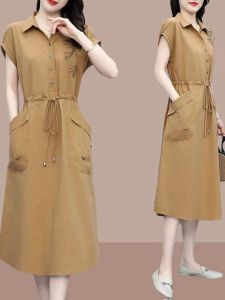 plus Size Summer Shirt Dress Women Casual Loose Short Sleeve Belly Covering Waist Cinched A-Line Midi Dress Korean Style