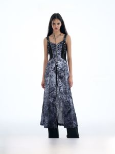 TIWILLTANG ต้นฉบับ ดีไซน์ เดนิม พิมพ์ เดรส ผู้หญิง คอวี เอวสูง แขนยาว ฤดูร้อน ศิลปะแฟชั่นเดินทาง โพลีเอสเตอร์ เดรส