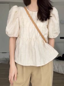 Casual Loose Womens Short Sleeve Shirt round Neck Design Sensation Pleated Summer Korean Style New Version Versatile Atmosphere