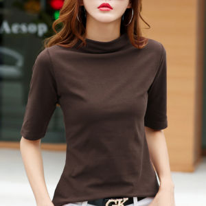 Womens Semi-High Collar T-Shirt Mid-Sleeve Pure Cotton Slim Fit Half Sleeve Coffee Color Korean Style Base Layer Top