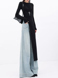 MK High Waist Wide Leg Denim Jeans Womens Spring Autumn Loose Drapey Washed Blue Jeans Classic Style Natural Waist Zipper