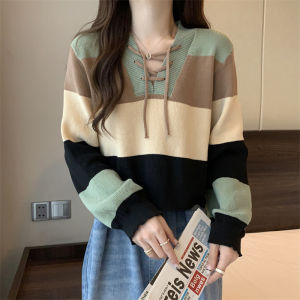 Womens Short Loose Long Sleeve Knitted Sweater Spring Early Season Color Block Striped Design Sweet Style V-Neck Pullover
