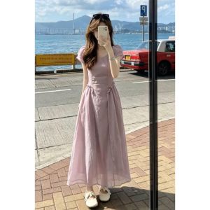 PEIZIXUAN | Đầm Túi Dây Pháp Màu Tím Phong Cách Mùa Hè Biển