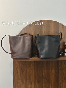 Minimalist Tannery Leather Bucket Bag Womens Crossbody Single Shoulder Casual Handbag Vintage Real Leather Mobile Phone Bag