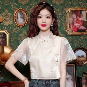 New Chinese Style Embroidered Button Shirt Women Summer 2026 Retro Improved Cheongsam Chiffon Slim Short National Style Small Shirt