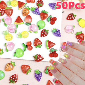 50Pcs 3D Mixed Fruits Nail Art Charms Summer Resin Strawberry/Cherry/Watermelon/Peach Rhinestones Flat Back Manicure Decorations