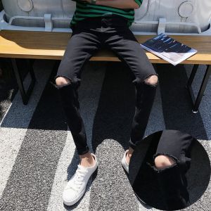 Mens Slim Fit Jeans 2024 Knee Hole Trendy One-Word Scratched Skinny Pants Student Black Poor Mans Pants Casual Long Pants