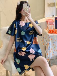 Summer Thin Ice Silk Short Sleeve Midi Dress Womens Sleepwear Cute Cartoon Print Comfortable Home Clothes Lightweight Polyester