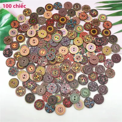 Nút Gỗ In Hoa Văn Nhiều Mẫu Mã 50/100 Chiếc Tròn 2 Lỗ Dùng Trang Trí Làm Khuy Măng Sét Thủ Công DIY Nút Gỗ Sơn Vẽ