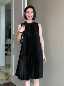 French Accordion Pleat Mini Dress Womens Loose Elastic Folded Sleeveless Vest High Waist Polyester Fiber Summer Dress
