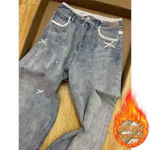 High Waist Loose Fit Straight Leg Jeans Womens Spring Autumn New Style Lace Butterfly Knot Wide Leg Pants Casual Wear