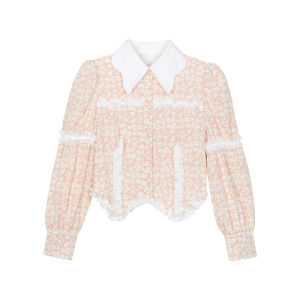 AooRaa Original Design French Country Style Floral Print Shirt with Bubble Sleeves And Lace Trim Short Skirt Set for Women