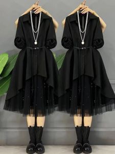 High-End plus Size Fashion Outfit Skirt Womens Plus Size Ladies Elegant Irregularly Slimming Shirt Easy Matching Mesh Two-Piece Overskirt Suit