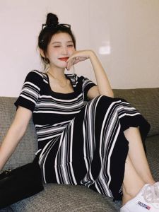 CHOEFULYN | Black and White Contrast Square Neck Short Sleeve Knit Striped Dress Slimming