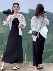 French Elegant Black Strapless Dress Loose Long Sleeve Womens Summer Shirt Two-Piece Set High Waist A-Line Gown Casual Chic