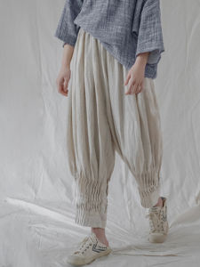 High-End Cotton Linen Loose Casual Lantern Pants Womens Fashion Original Style Asymmetric Pocket Nine-Piece Pants