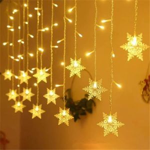 Solar Light String Outdoor Wedding Garland Garden Party Decoration LED Snowflake Curtain Icicle Fairy Christmas Light Decoration