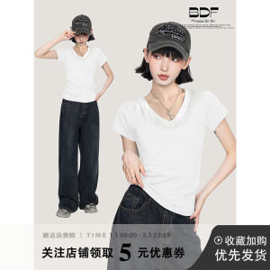 White V-Neck Short Sleeve T-Shirt Womens Summer Slim Fit Pure Cotton Half Sleeve Large Collar Top Korean Style Commute Wind