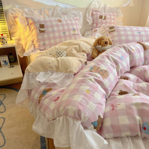 Pure Cotton Floral Lace Bedding Set Three Piece Cartoon Four Piece Suite Girl Heart Korean Style Bear Grid Pattern Duvet Cover