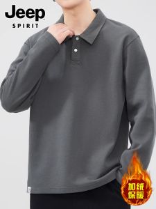 Jeep Spirit Mens Long Sleeve Fleece Lined Loose Thickened Polo Shirt Winter Trendy Youth Cotton Polyester Blend Anti-Wrinkle