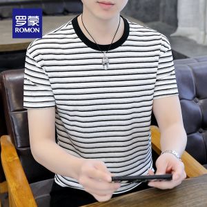 Lormen Mens Ice Silk Short Sleeve T-Shirt Summer Thin Pure Cotton Striped Mid-aged Dad Mens Fashion Top Sea Soul Shirt
